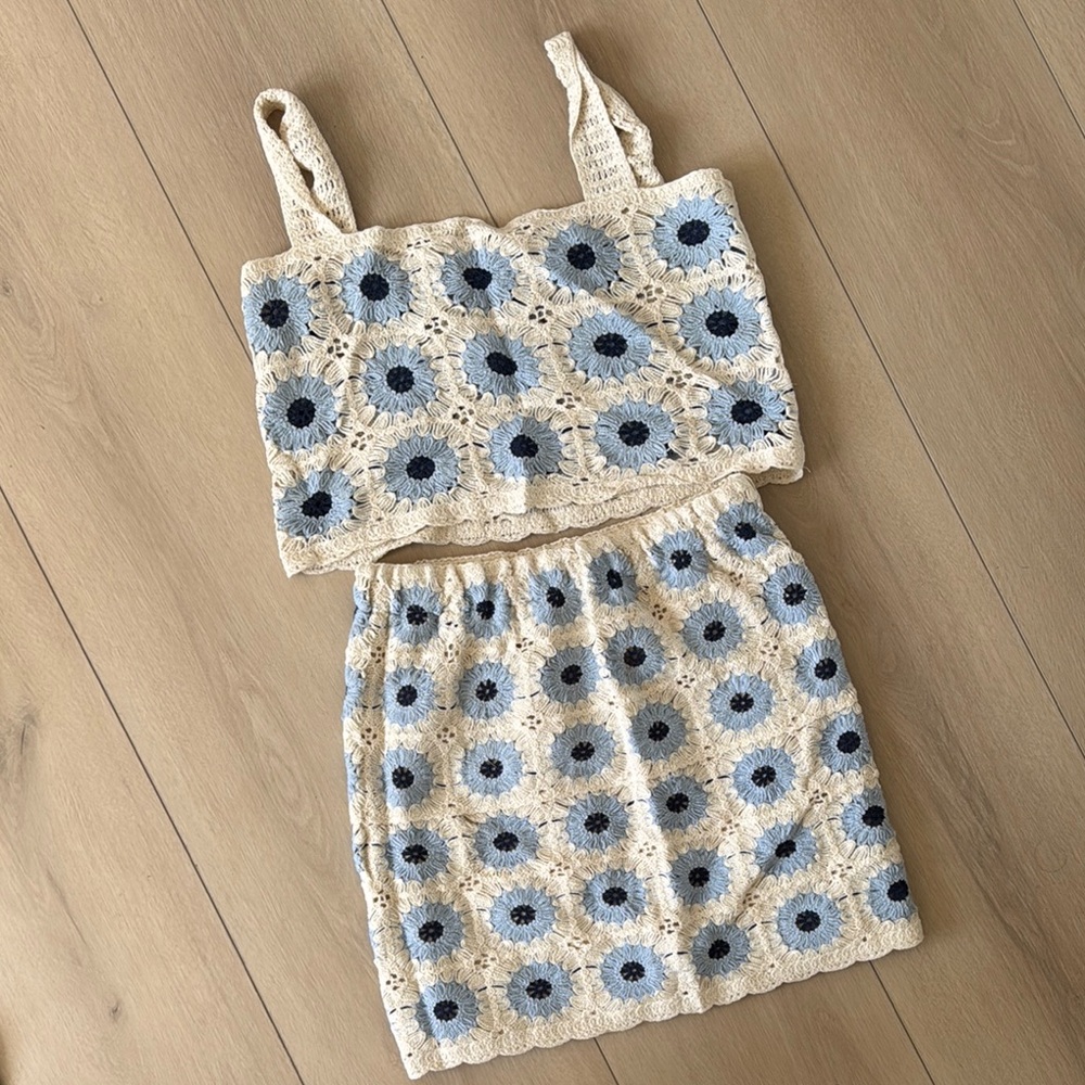 Crochet Floral Two-Piece Set in Cream and Blue